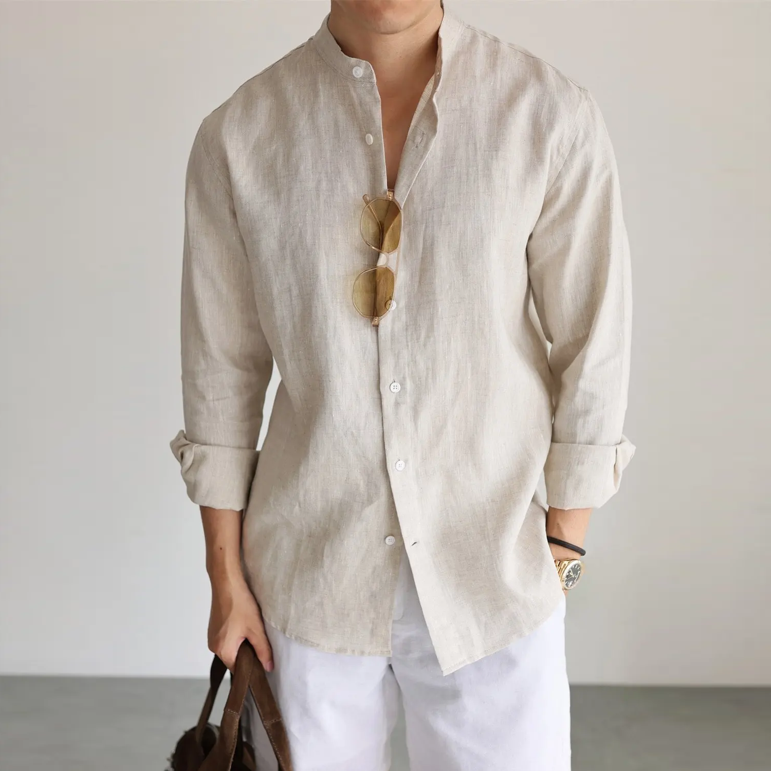 100% European Linen Shirt Stand Collar for Men REAL SILK LIFE