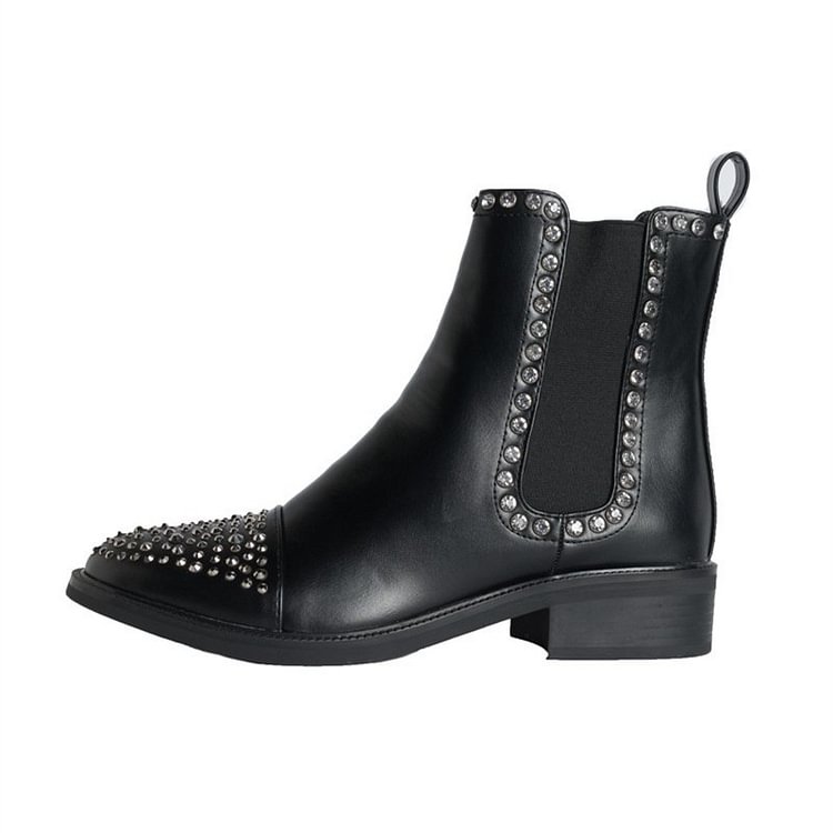 Black Chelsea Boots Rhinestone Ankle Boots |FSJ Shoes