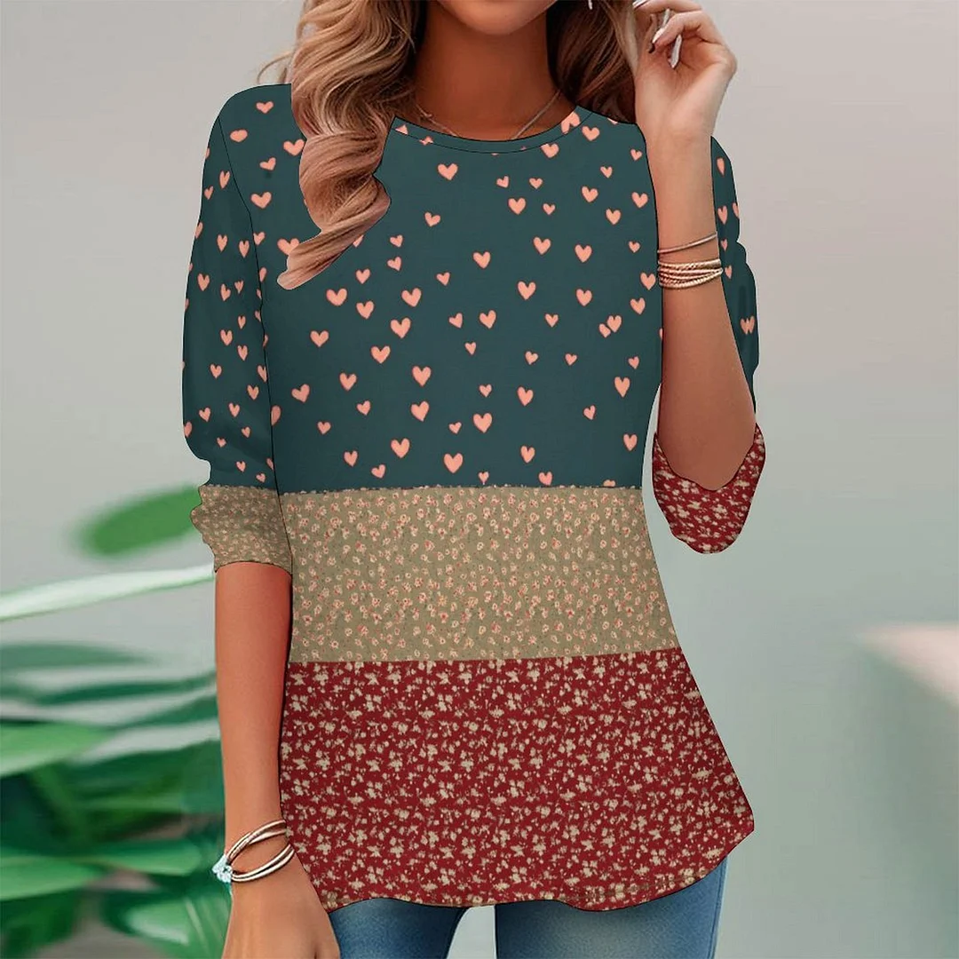 Vintage Printed Long Sleeve Plus Size Tunic for  Women and Men Unisex Pattern Floral,Heart,Red,Light Coffe,Navy,Stitch