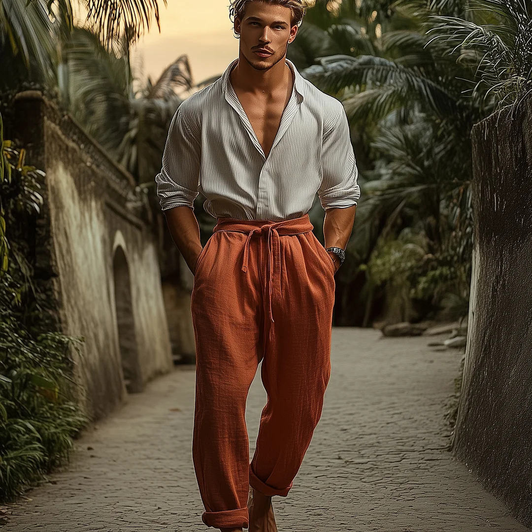 Stylish Men's Striped Shirt With Drawstring Waist Pants - Perfect For Summer Outings-inspireuse