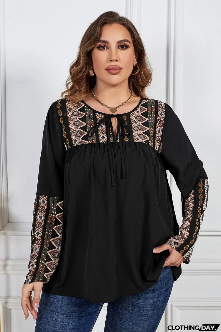 Plus Size Printed Round Neck Tie Front Blouse