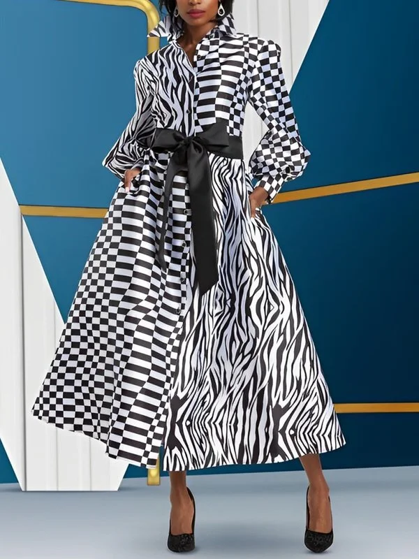Tied Waist Pockets Plaid Contrast Color Buttoned Loose Long Sleeves Lapel Midi Dresses