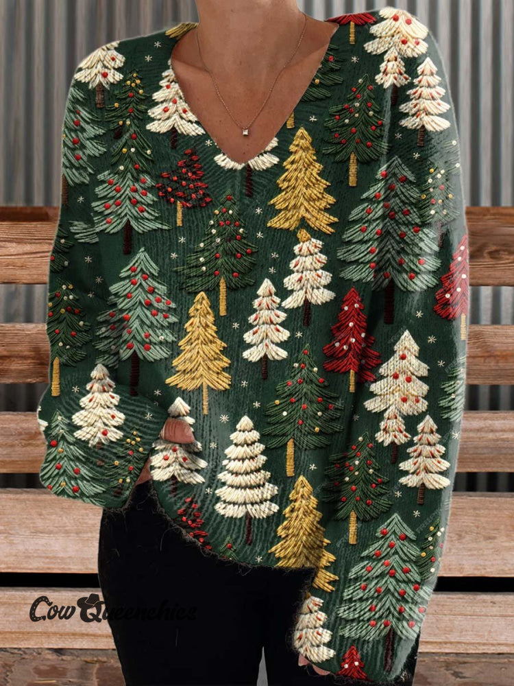 Women’s Christmas Tree Vintage Casual V-Neck Pullover Knit Multicolor / M