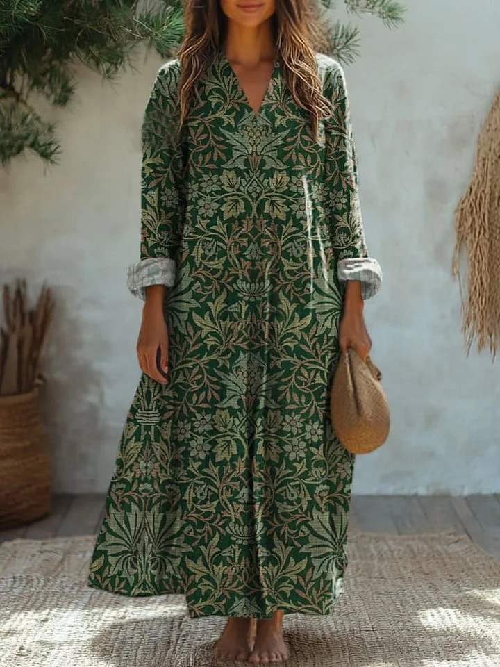Vintage Woodland Symmetrical Pattern Printed Women's Flowy Dress