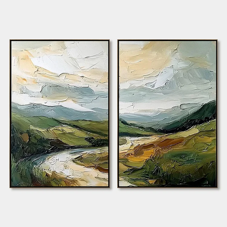 RIVER VALLEY DUET: Textured Landscape Diptych Painting（Canvas painting）