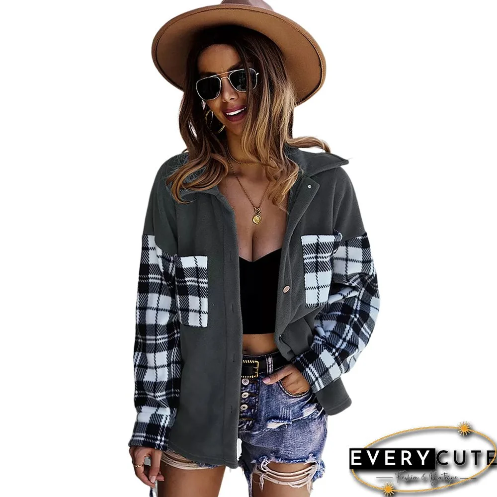 Dark Gray Splice Plaid Print Pocketed Shirt Jacket