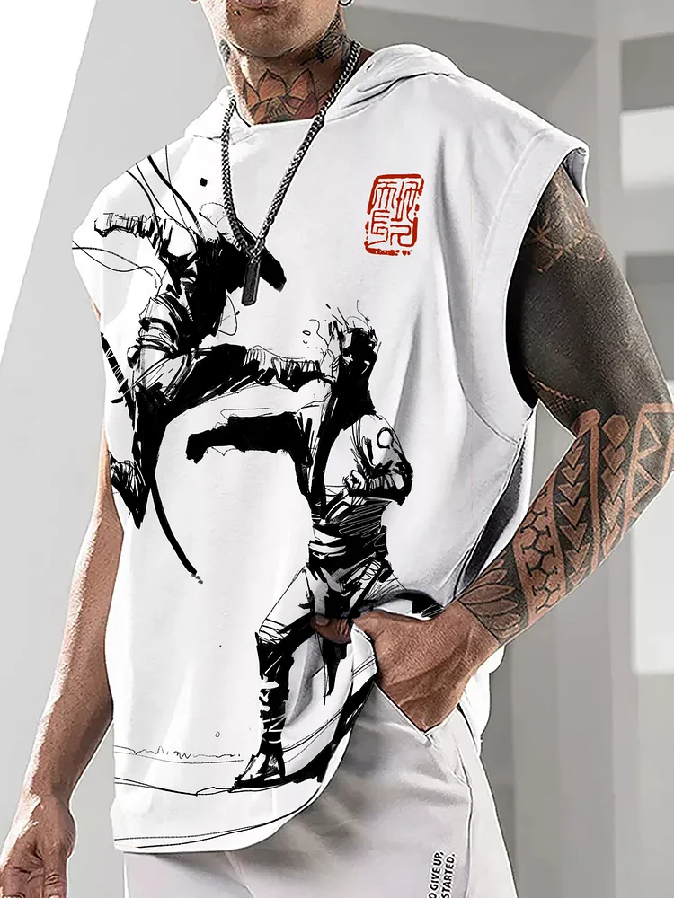 Men's Japanese Samurai Art Print Hooded Tank Top