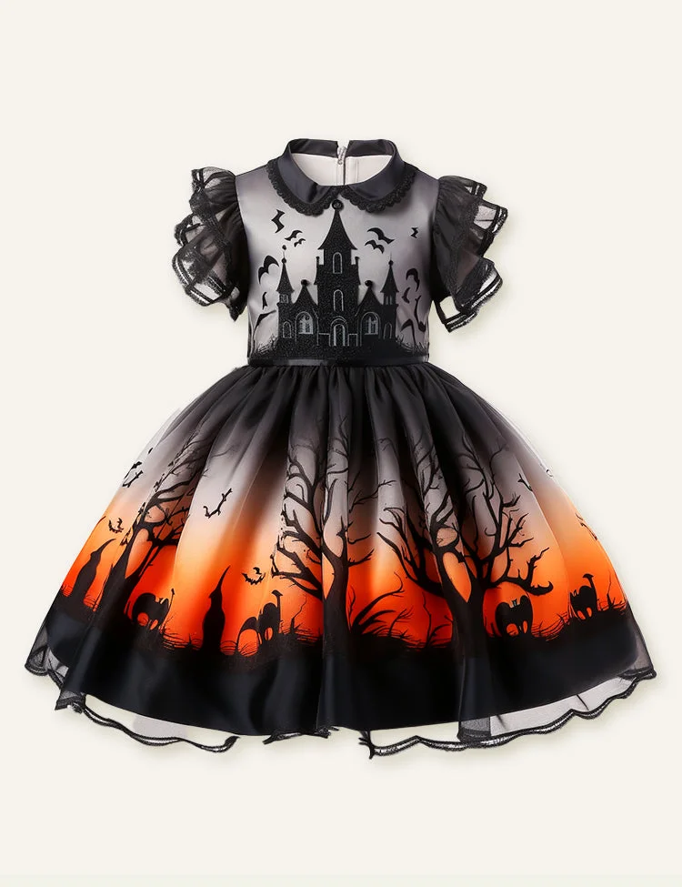 Toddler Kid Girl Halloween Castle Black Tulle Futter-sleeve Dress