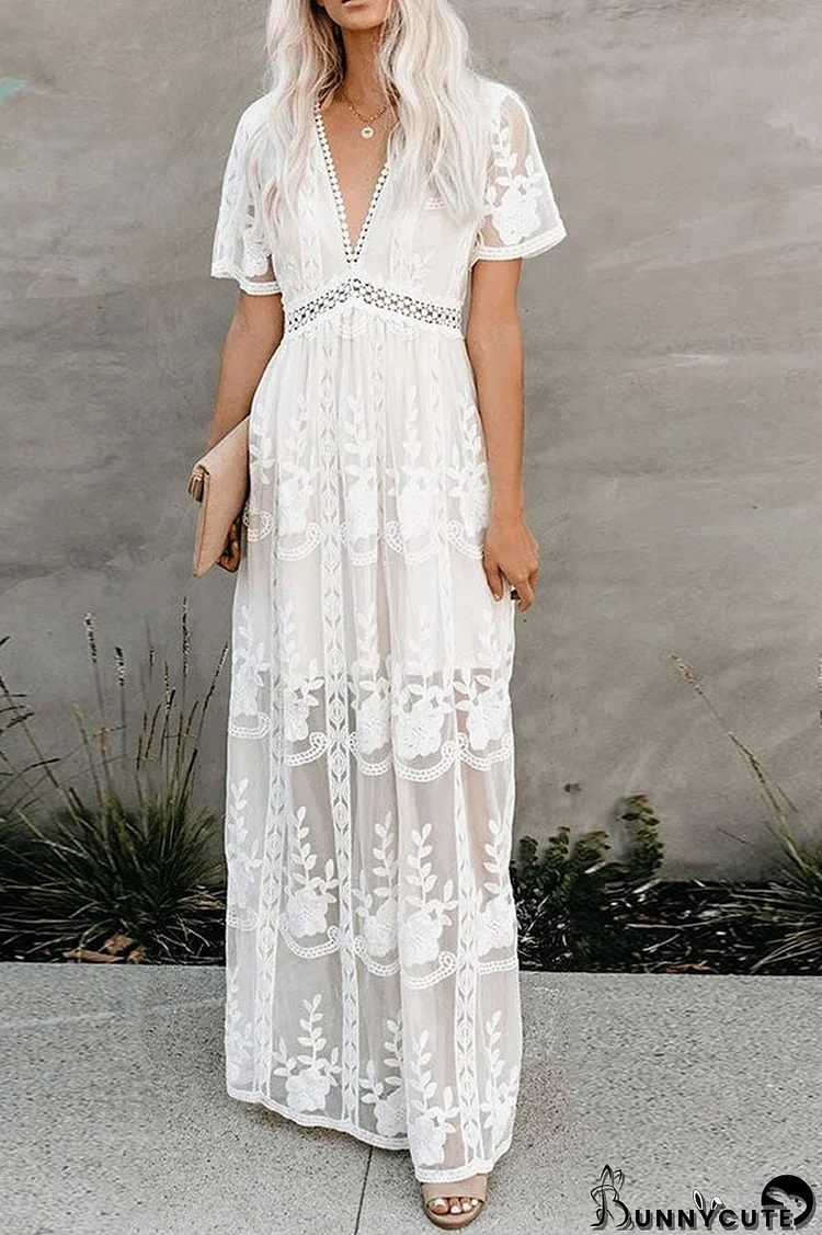 Sexy V-neck Lace Stitching Beach Long Dress