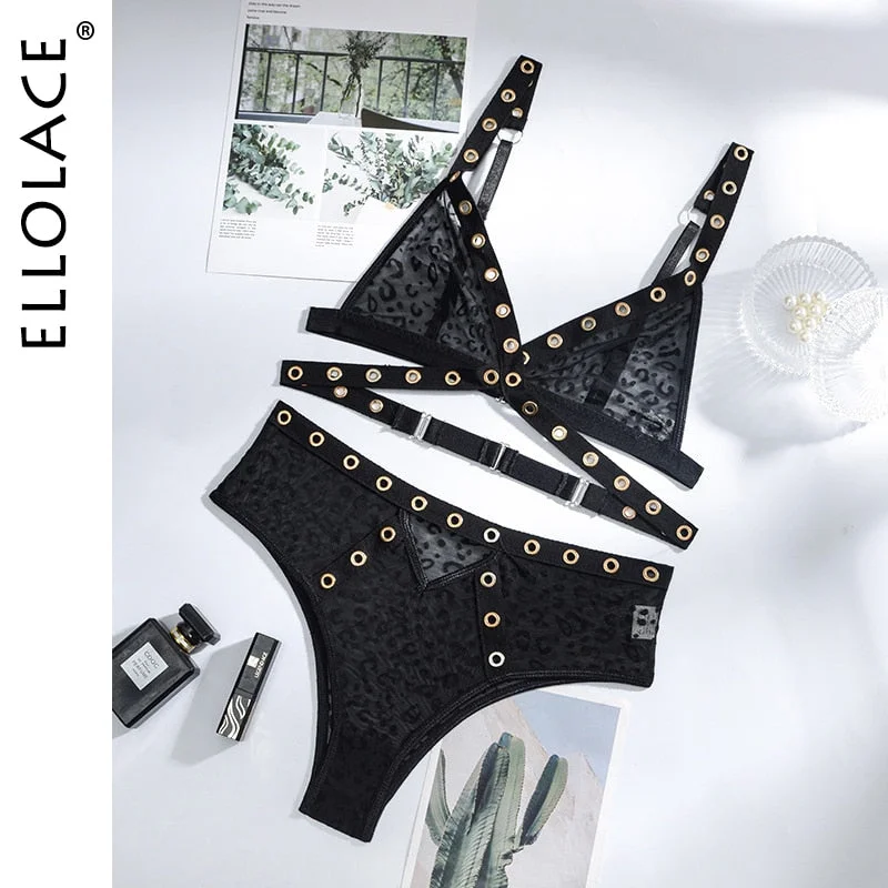 Ellolace Sexy Bandage Lingerie Lace Underwear Transparent Bra Erotic Sensual Intimate Black Exotic Brief Sets Leopard Brief Sets