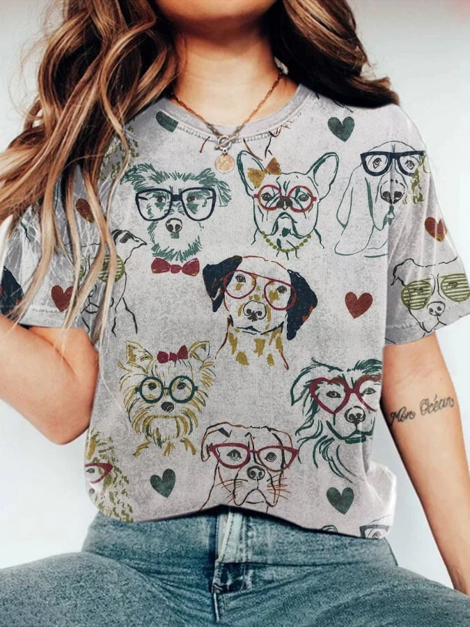 Women's Dogs In Glasses Print Round Neck T-shirt