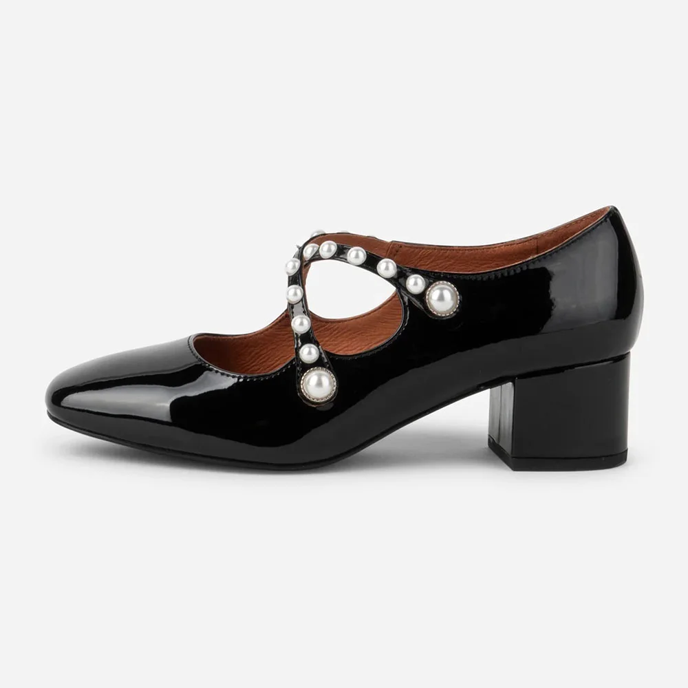 Square Toe Block Heel Pearl Cross Strap Black Pumps for Women