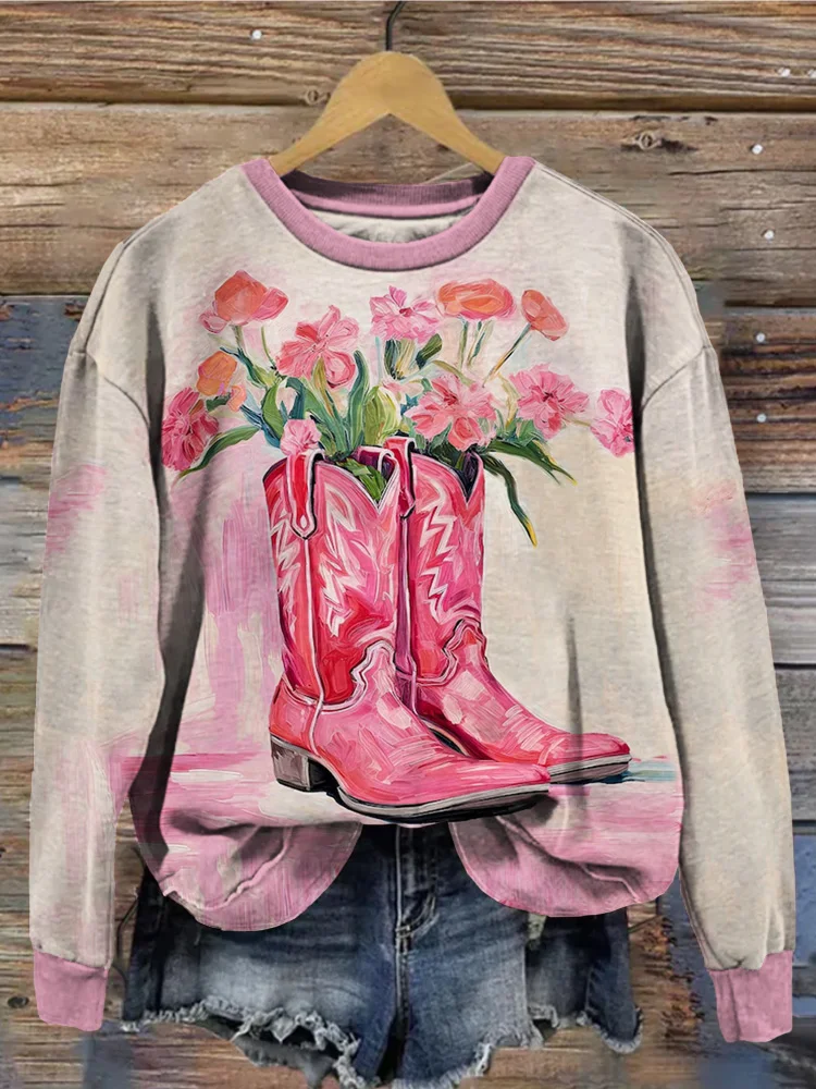 Comstylish Western Pink Cowgirl Boots Painting Art Comfy Sweatshirt