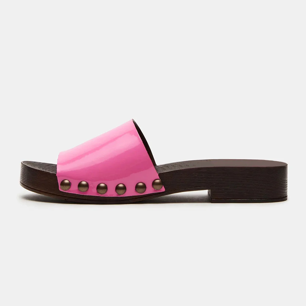 Patent Leather Round Toe Clog Studded Slide Shoes for Women in Pink