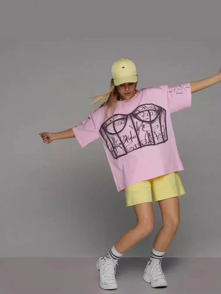 Athvotar Athvotar And Spicy Wind Shoulder Short-Sleeved Letter Printing T-Shirt Girl Spring Small Loose Thin Top Lady