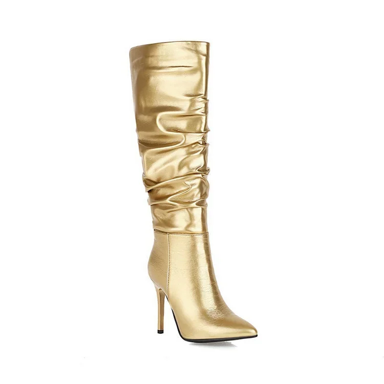 Sexy Metallic Slouch Knee High Boots Pointed Toe Stiletto Heels Boots For Winter Party