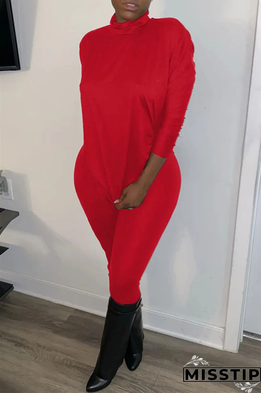 rose red Fashion Casual Solid Turtleneck Long Sleeve Regular Sleeve Regular Two Pieces