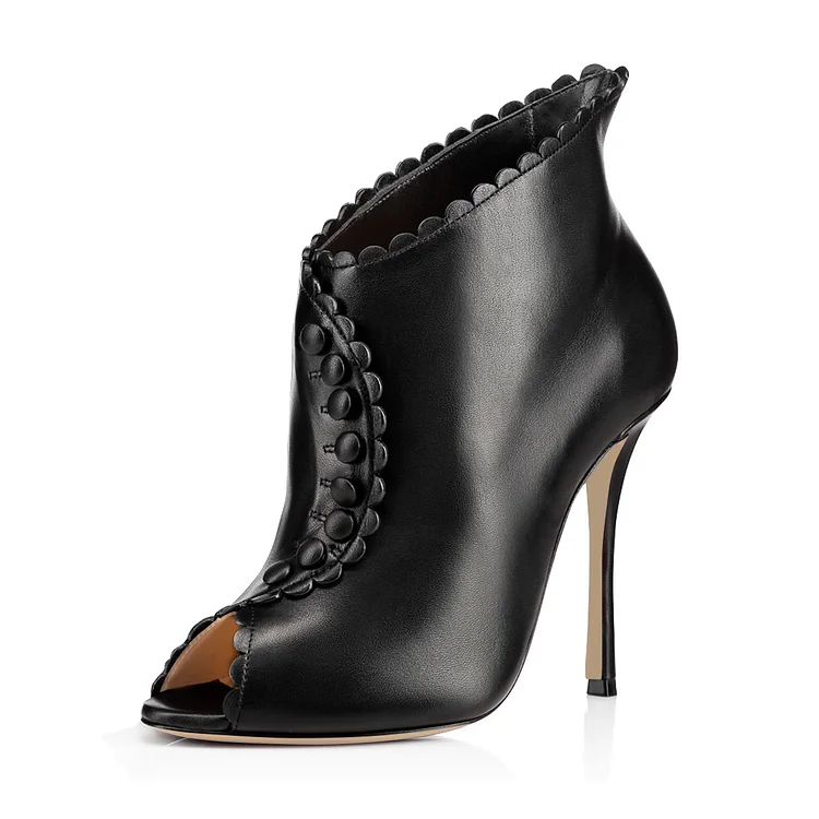 Black Laciness Fashion Boots Peep Toe Buttoned Stiletto Ankle Boots |FSJ Shoes