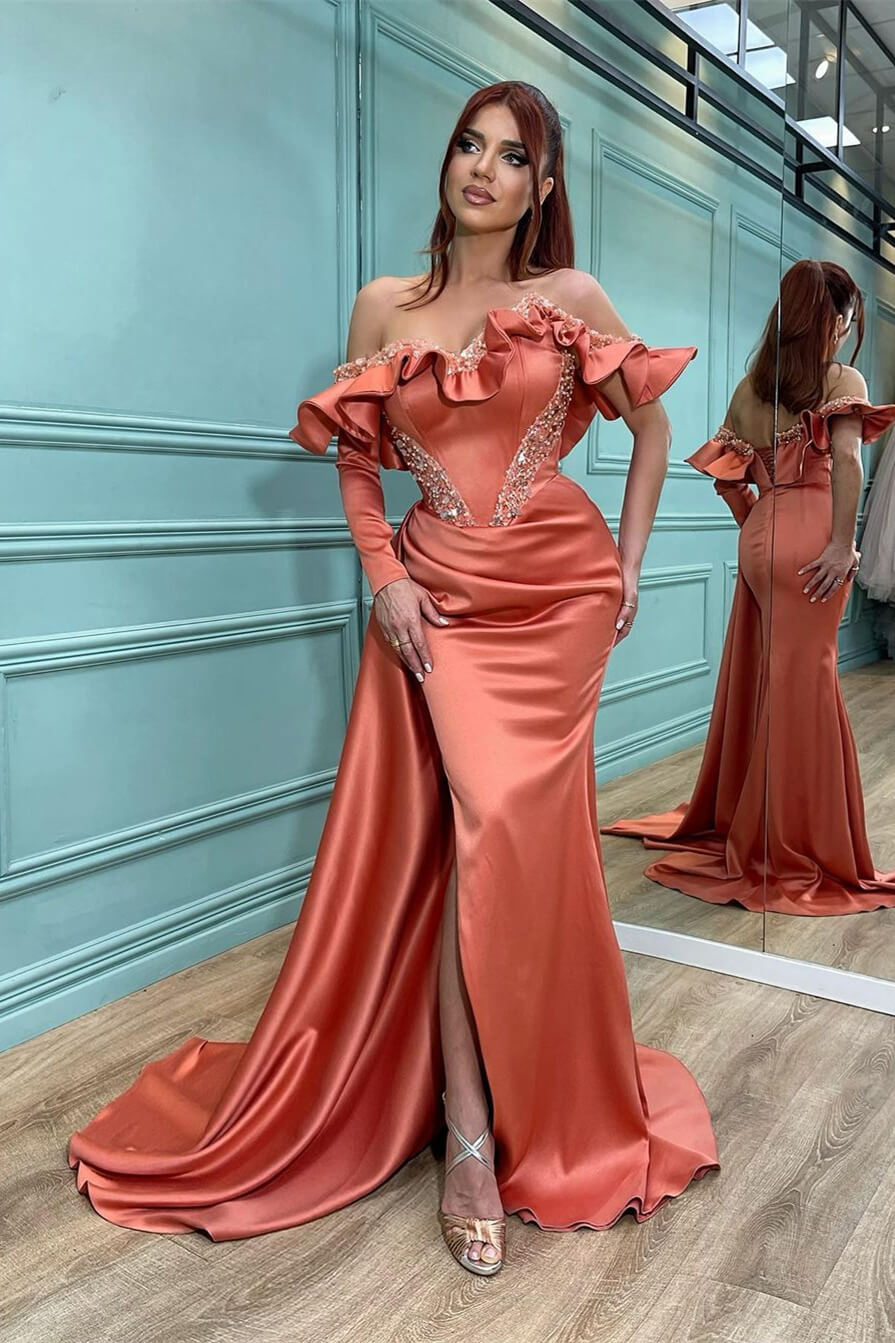 Glamorous Coral Off-the-Shoulder Long Sleeve Mermaid Formal Dresses With Split Ruffles Beads - lulusllly