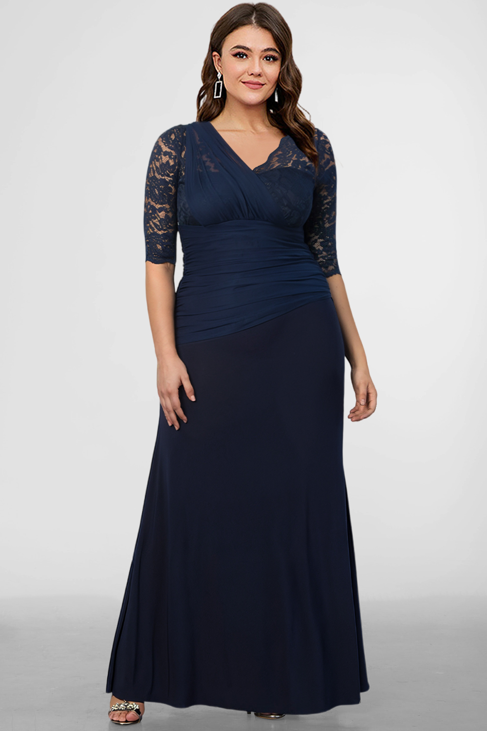 Flycurvy Plus Size Formal Navy Blue Chiffon Lace Wrap Shirred Waist Half Sleeve Bodycon Maxi Dress