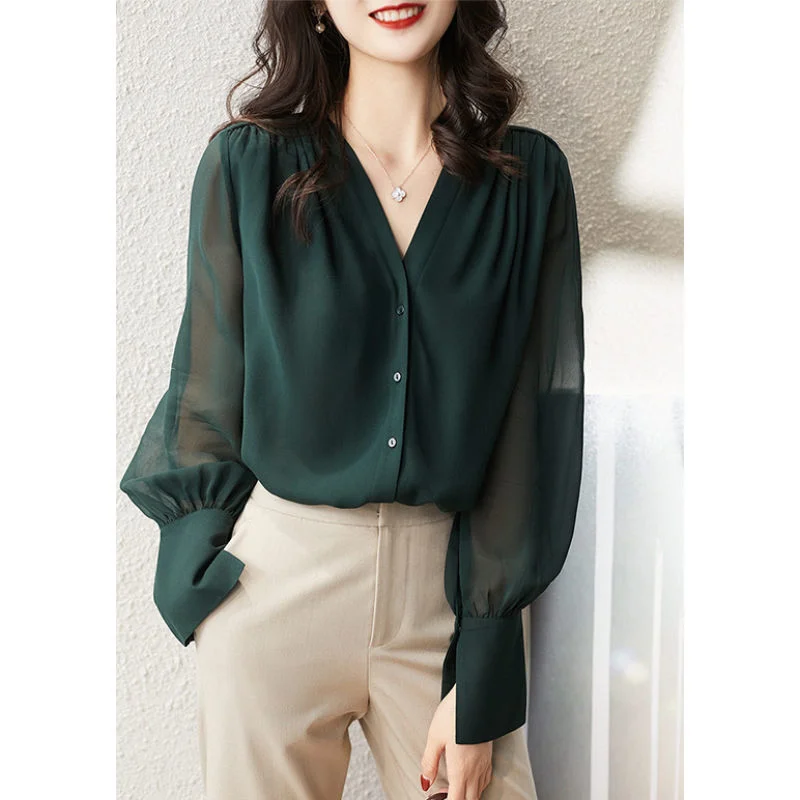 2023 French Casual Solid Women Tops Elegant Loose Blouse Women Long Sleeve Shirt V-neck Button Up Top Blusas Silk Cardigan