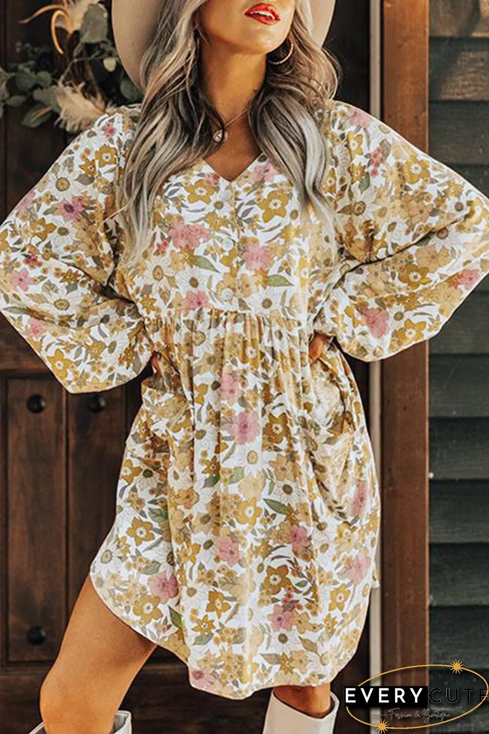 V Neck Puff Sleeve Floral Dress with Pocket