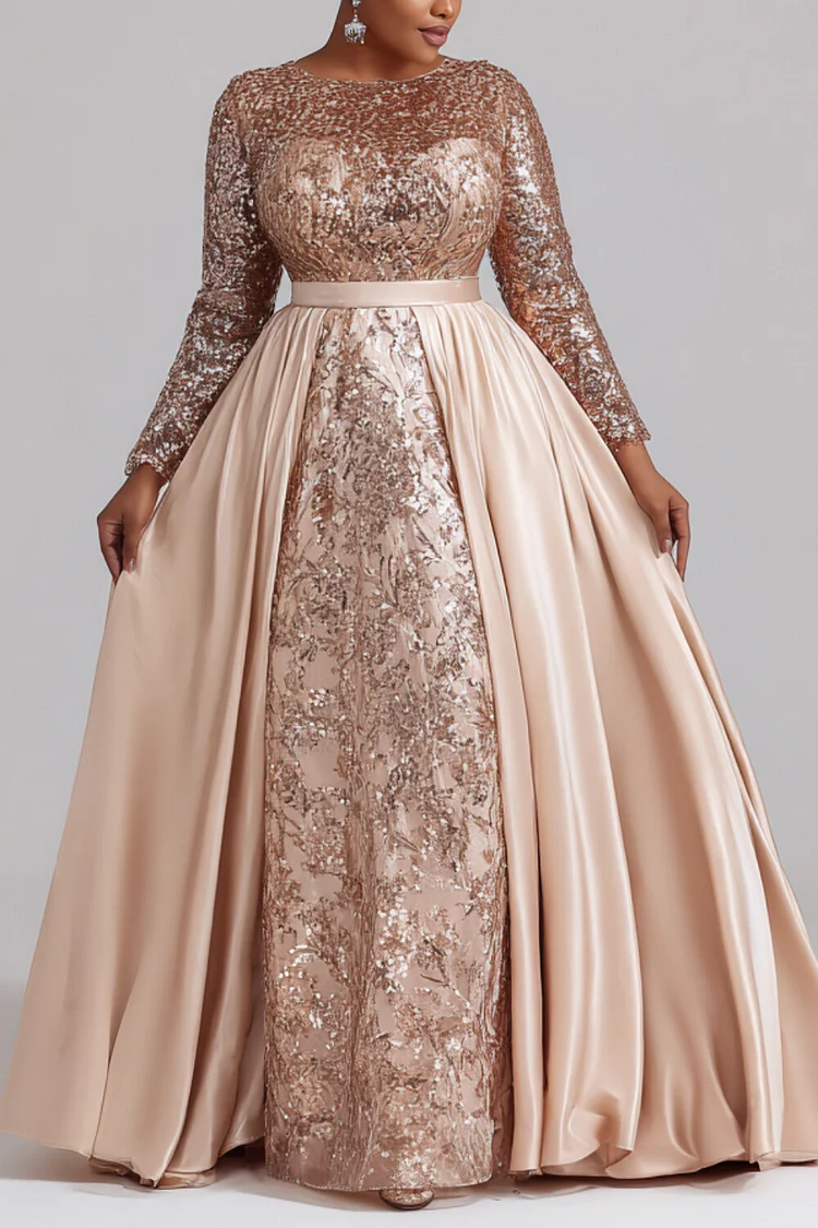 Xpluswear Design Plus Size Formal Sequin Champagne Round Neck Long Sleeve With Skirt Overlay Elegant Satin Maxi Dresses [Pre-Order]