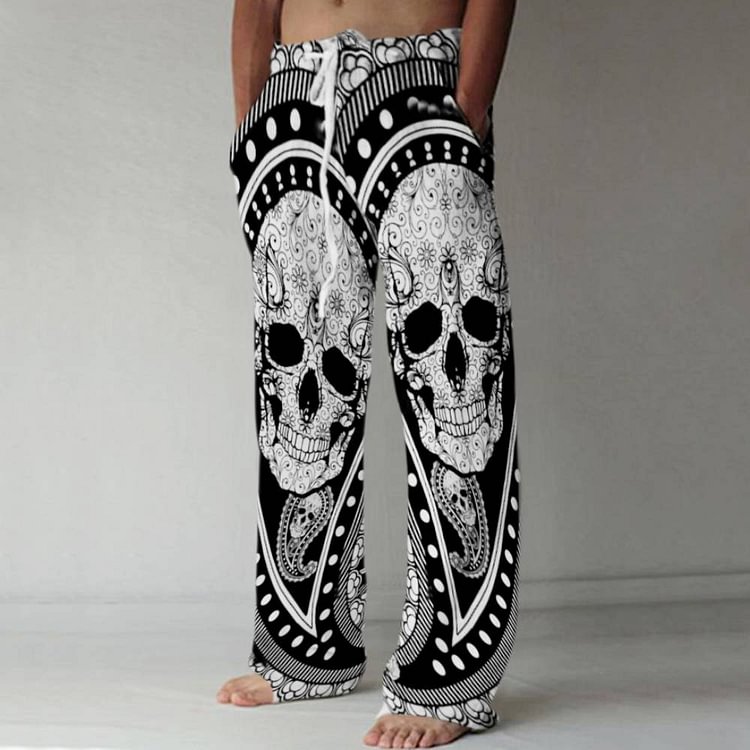 Pocket Skull Straight Lace-Up Men's Casual Pants