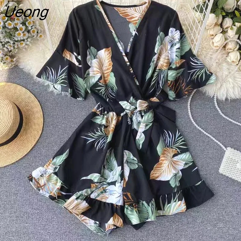 Ueong Women Rompers casual wide leg pants overalls short sleeve v neck solid playsuits summer beach chiffon ruffle jumpsuits