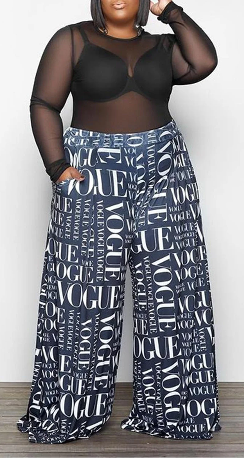 College Print Split Joint Loose High Waist Wide Leg Full Print Bottoms