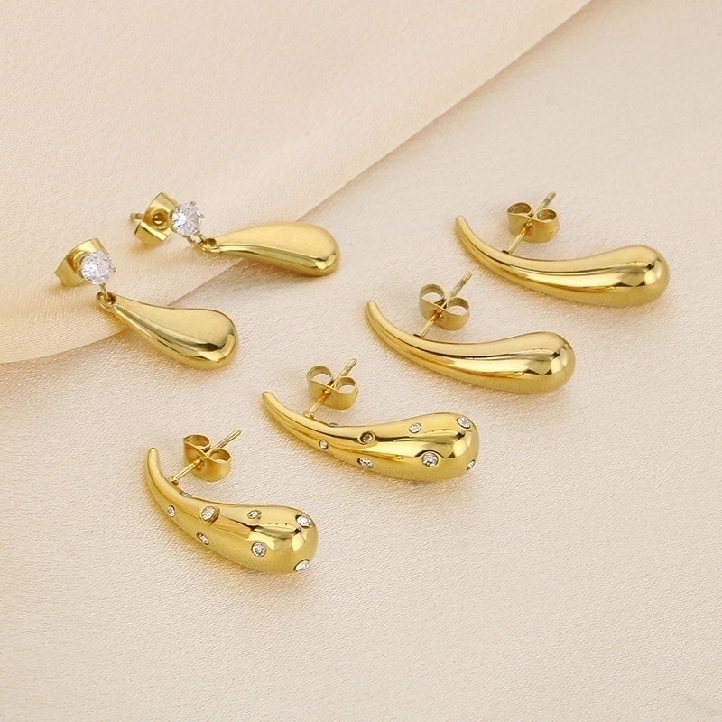 1 Pair Minimalist Water Droplets Solid Color Inlay 304 Stainless Steel Rhinestones 18K Gold Plated Ear Studs