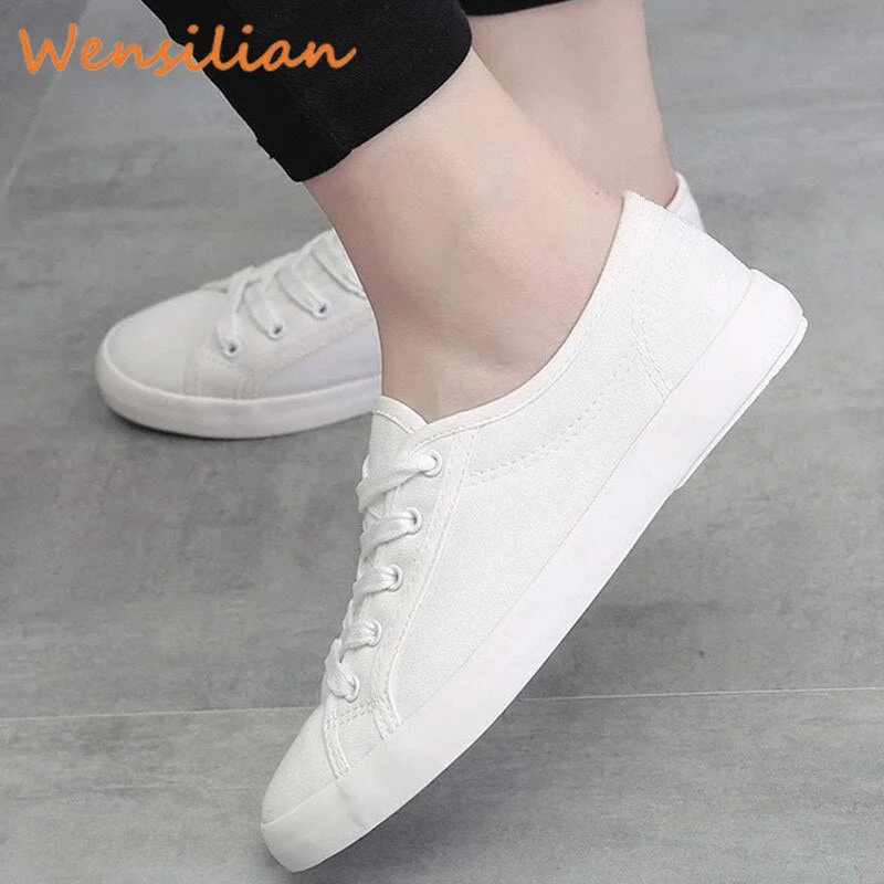 White Canvas Sneakers For Women Casual Vulcanized Flat Shoes Ladies Trainers Star Style Woman Lace Up PU 2019 Zapatillas Mujer