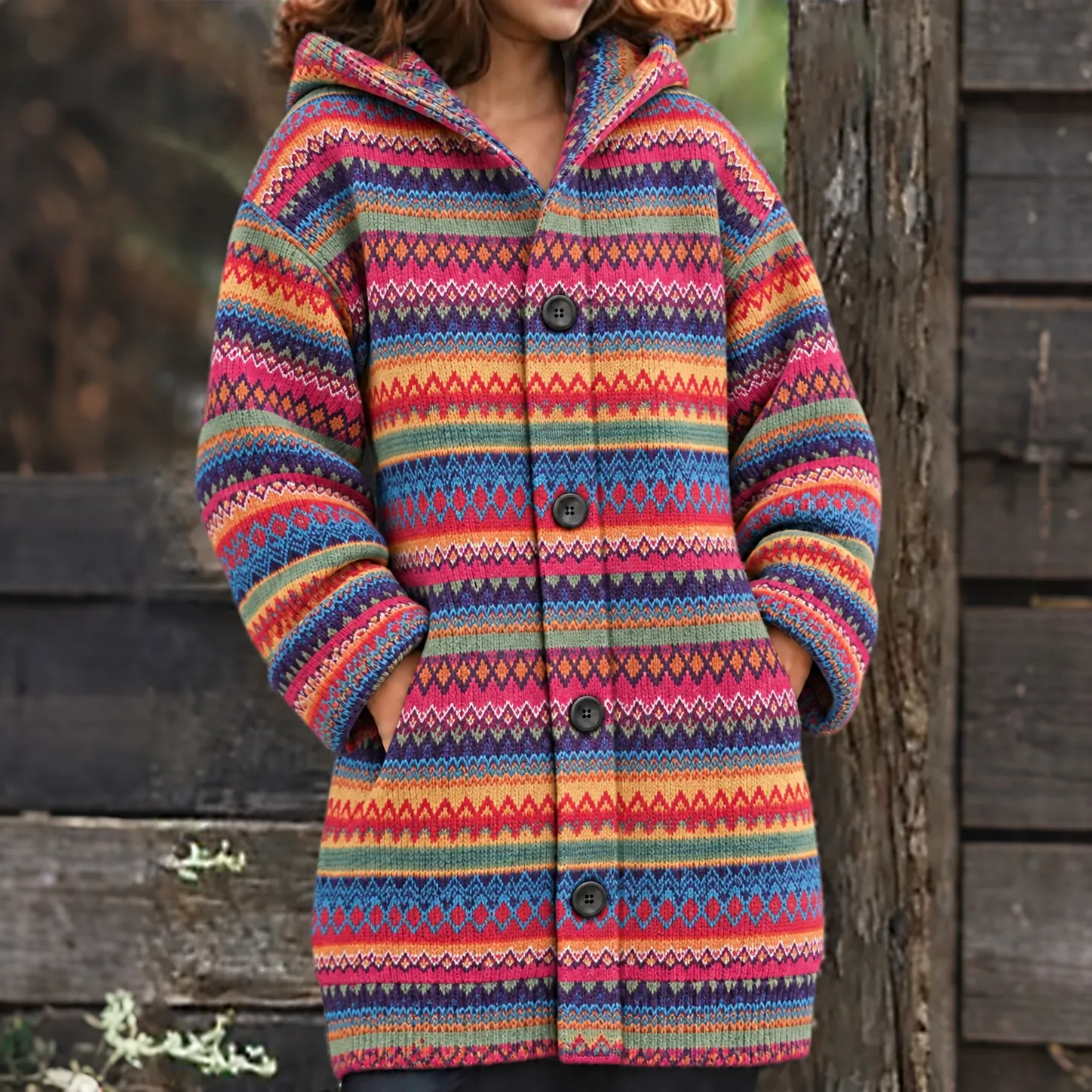 Comstylish Women's Retro Colorful Abstract Striped Art Warmth Knit Hooded Cardigan