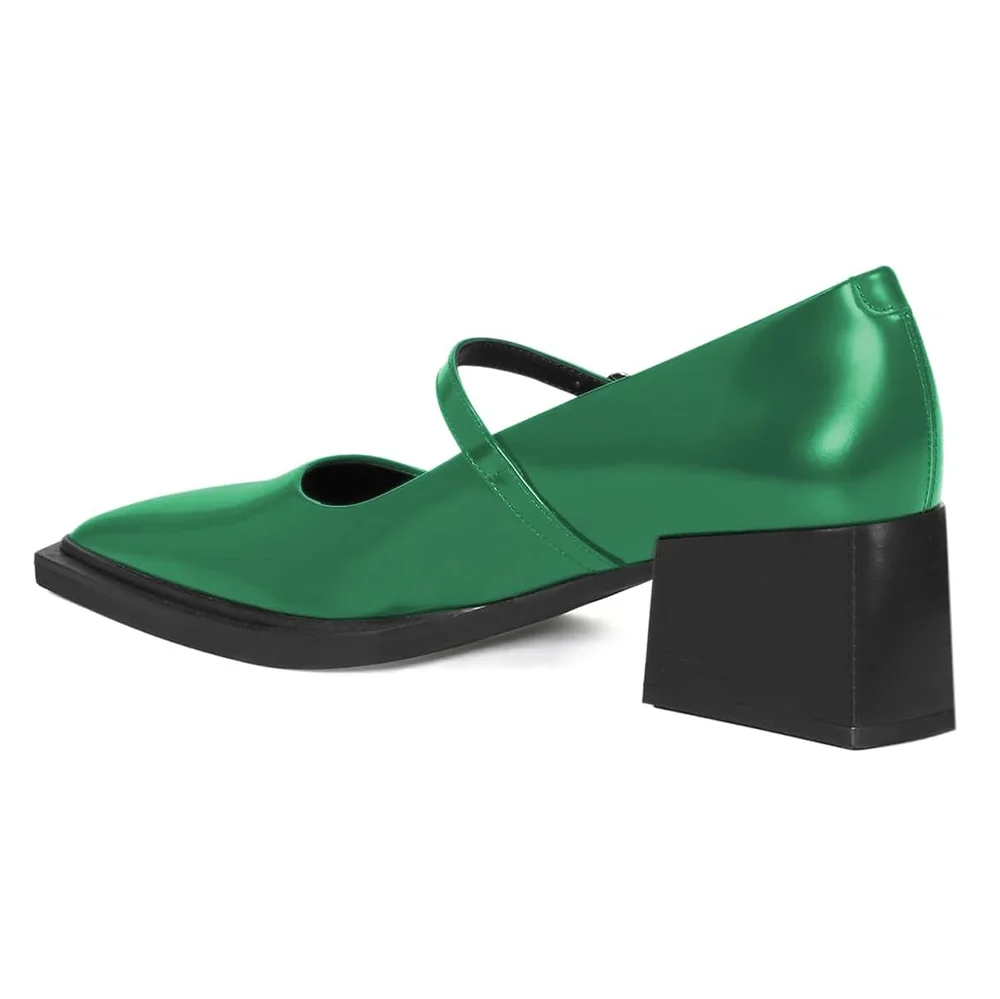 Green Buckle Strap Pointed Toe Classic Chunky Heeled Mary Janes
