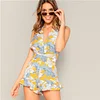 SHEIN Boho Crisscross Open Back Jungle Leaf Print Ruffle Rompers Womens Playsuit Summer Sleeveless Casual Sexy Beach Playsuits