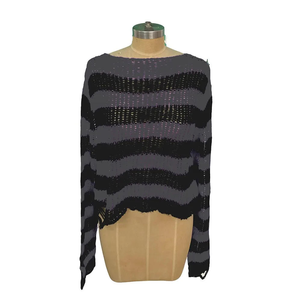 Halloween 200 Gothic Knitted Sweater Women Long Pullovers Striped Loose Winter Ripped Plus Size Sweaters Jumpers Mujer Jersey 924