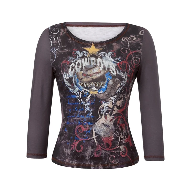Xingqing Angel Wings Print Tops Fairy Grunge Graphic T Shirts Vintage Indie Aesthetic Clothes Cyber Y2k Slim Long Sleeve Top