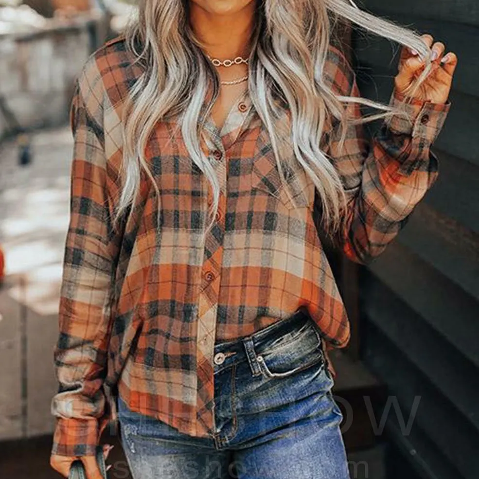 Women's Brown & Black Plaid Flannel Shirt Oversized Button-Down Blouse