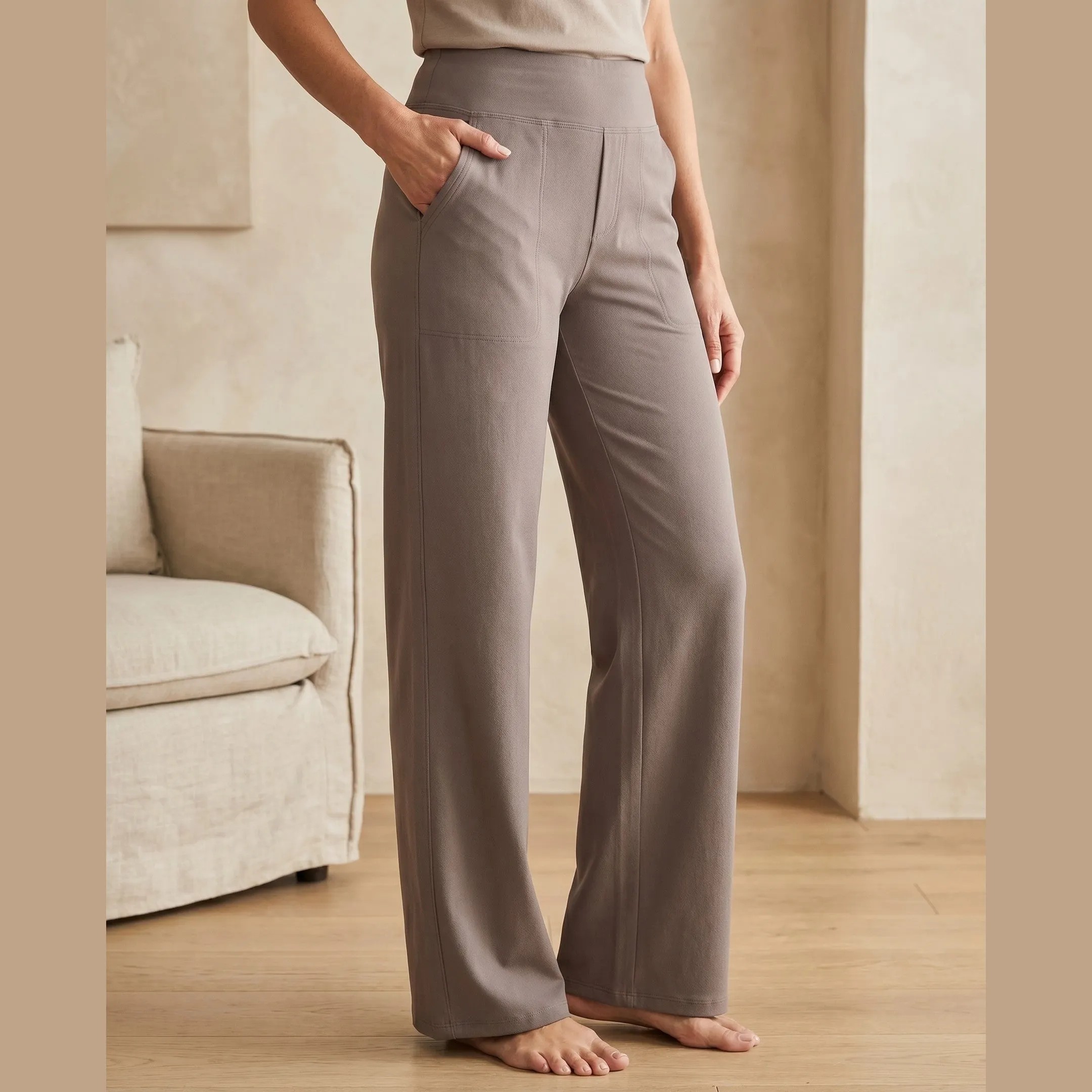 Sanne High-Waist Stretch Trousers in Taupe &mdash; Aldridge & Hart