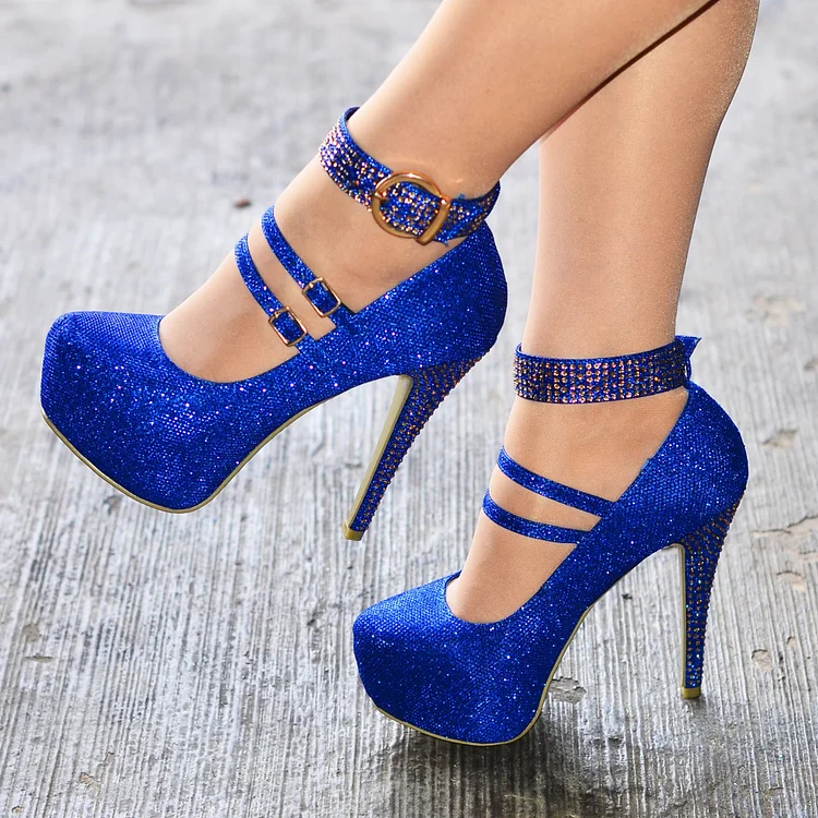 Blue Sparkly Heels Platform Ankle Strap Stiletto Heel Glitter Pumps |FSJ Shoes