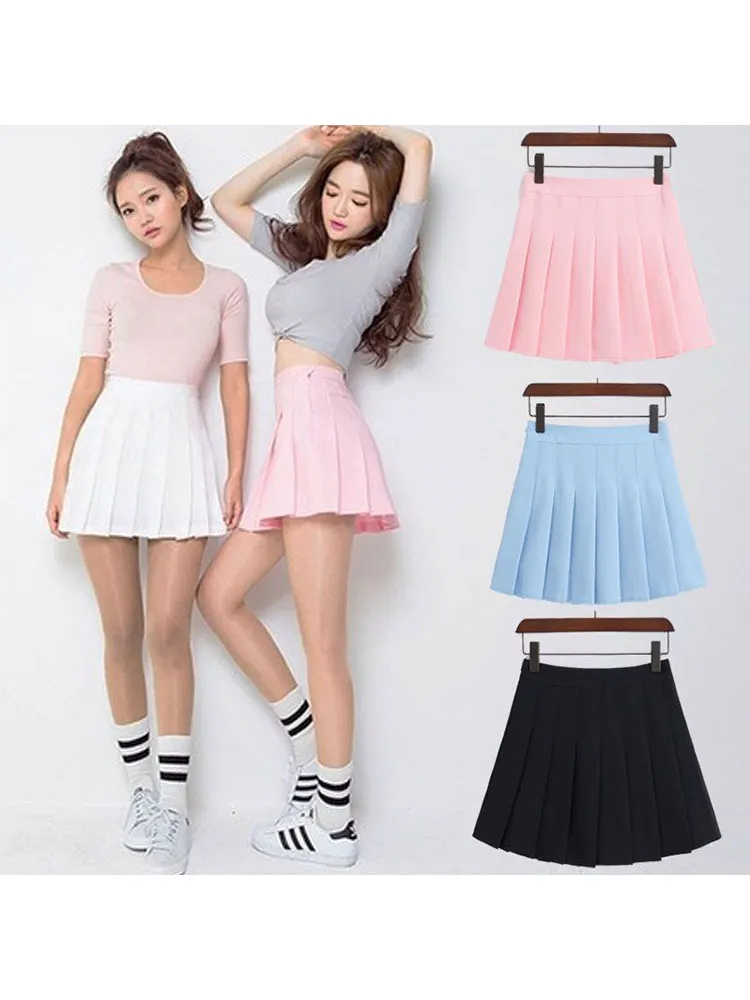 New Spring High Waist Ball Pleated Skirts Harajuku Denim Solid A-Line Sailor Skirt