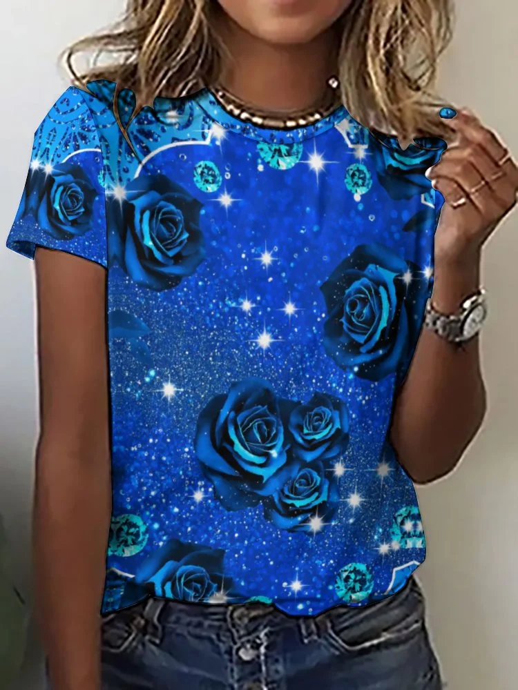 Printed Short Sleeve Casual T-shirt for  Women and Men Unisex Pattern Rose, Blue, Glitter