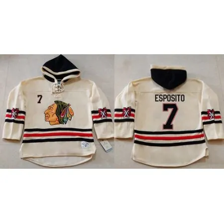 Blackhawks #7 Tony Esposito Cream Heavyweight Pullover Hoodie Stitched NHL Jersey