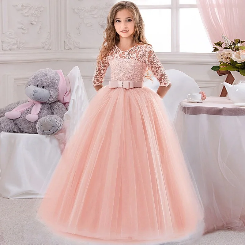 Uveng Girls White Pink Long Bridesmaid Dress Baby Kids Gown Clothes Children Princess Party Wedding Evening 10 12 13 Y Vestidos