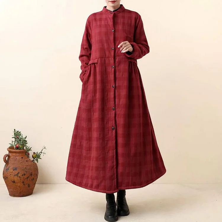 Thick Retro Cotton Linen Plaid Long Coat Dress