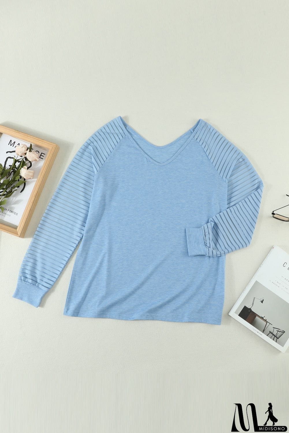 MidiSono - Sheer Stripe V-Neck Top