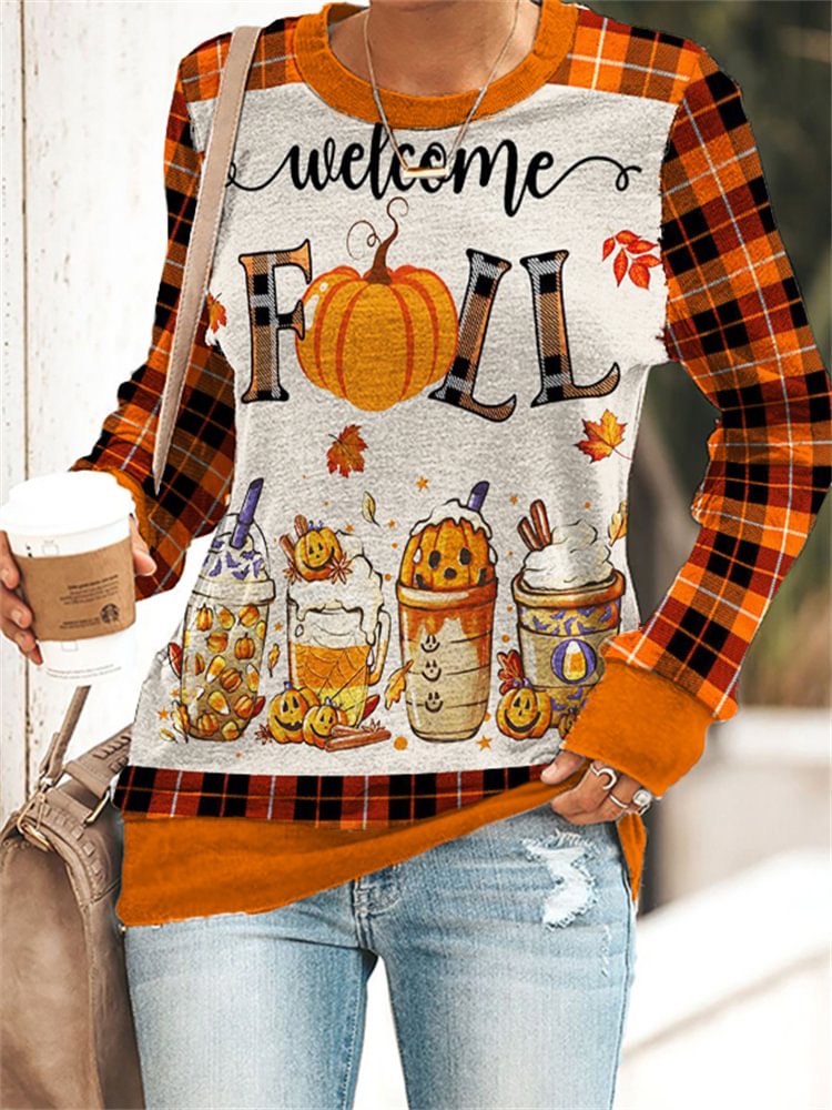 Vefave Fall Pumpkin Drinks Plaid Patchwork Sweatshirt