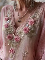 Vintage Pink Roses Glitter Embroidered Lace Flowy Tunic