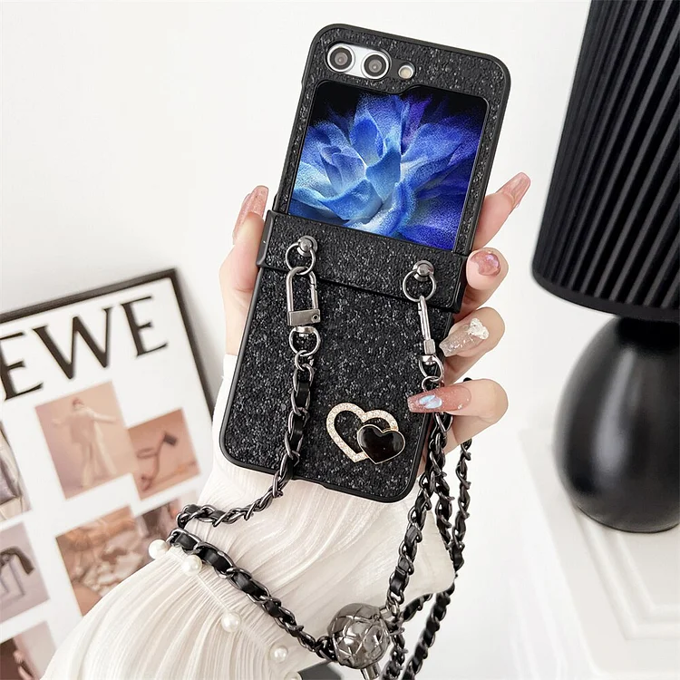 Luxury Hinges Heart Crossbody Lanyard Phone Case For Samsung Galaxy Z Flip 5 4 3 Folding Lens Protection Shockproof Back Cover