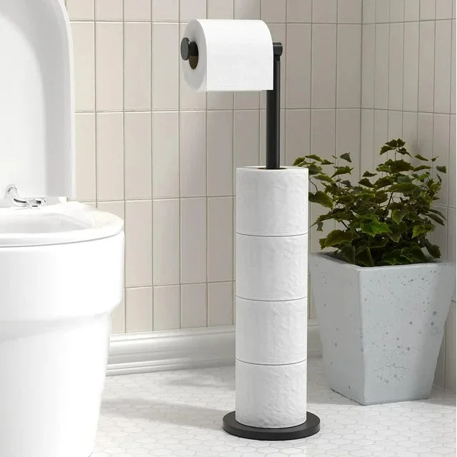 Black Toilet Paper Roll Holder, Freestanding Toilet Roll Holder, Stainless Steel Paper Storage Holds 5 Rolls, Modern Rust Proof Pedestal Toilet Paper Holder Stand, Large Capacity Bathroom Cabinet